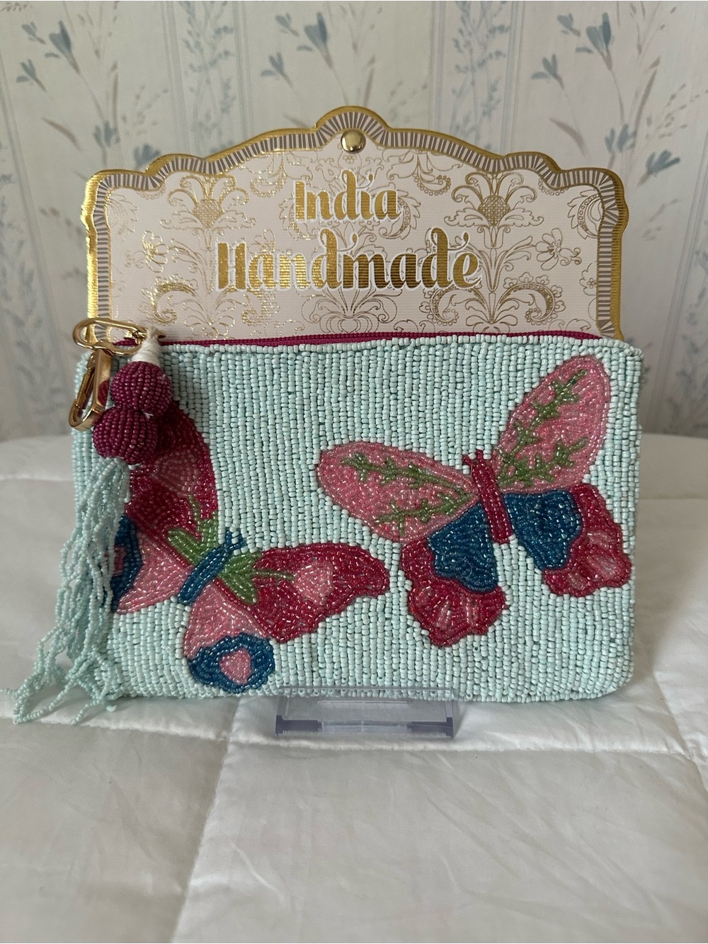 Handmade India Beaded Butterfly Wristlet Pouch